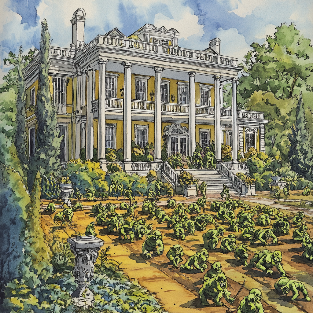 Colorful pen and ink drawing of plantation manor.