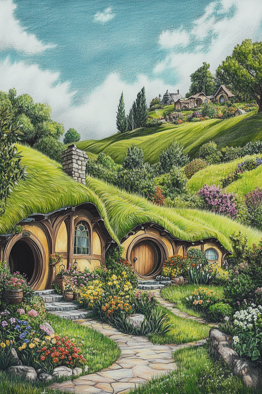 Colorful pencil drawing of peaceful hobbit village countryside.