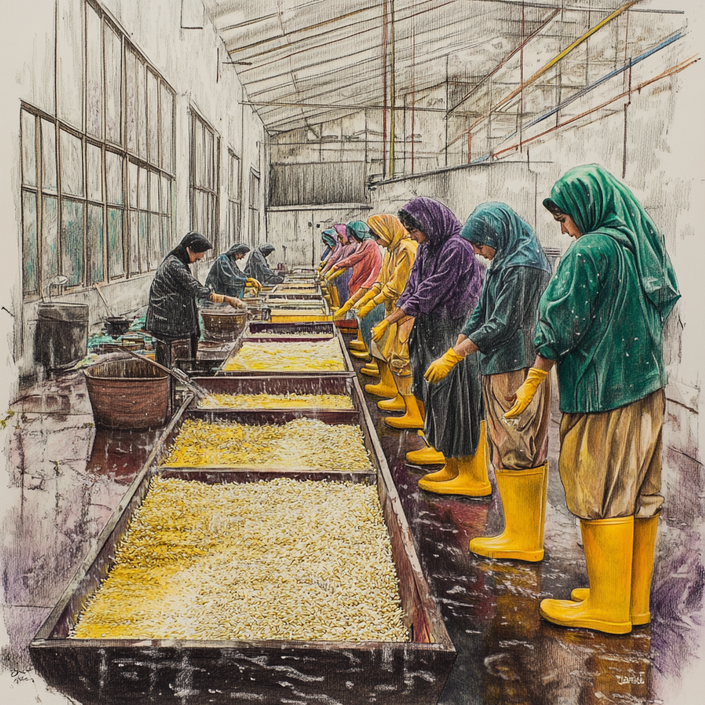 Colorful pencil sketch of Iranian women workers neating rice.