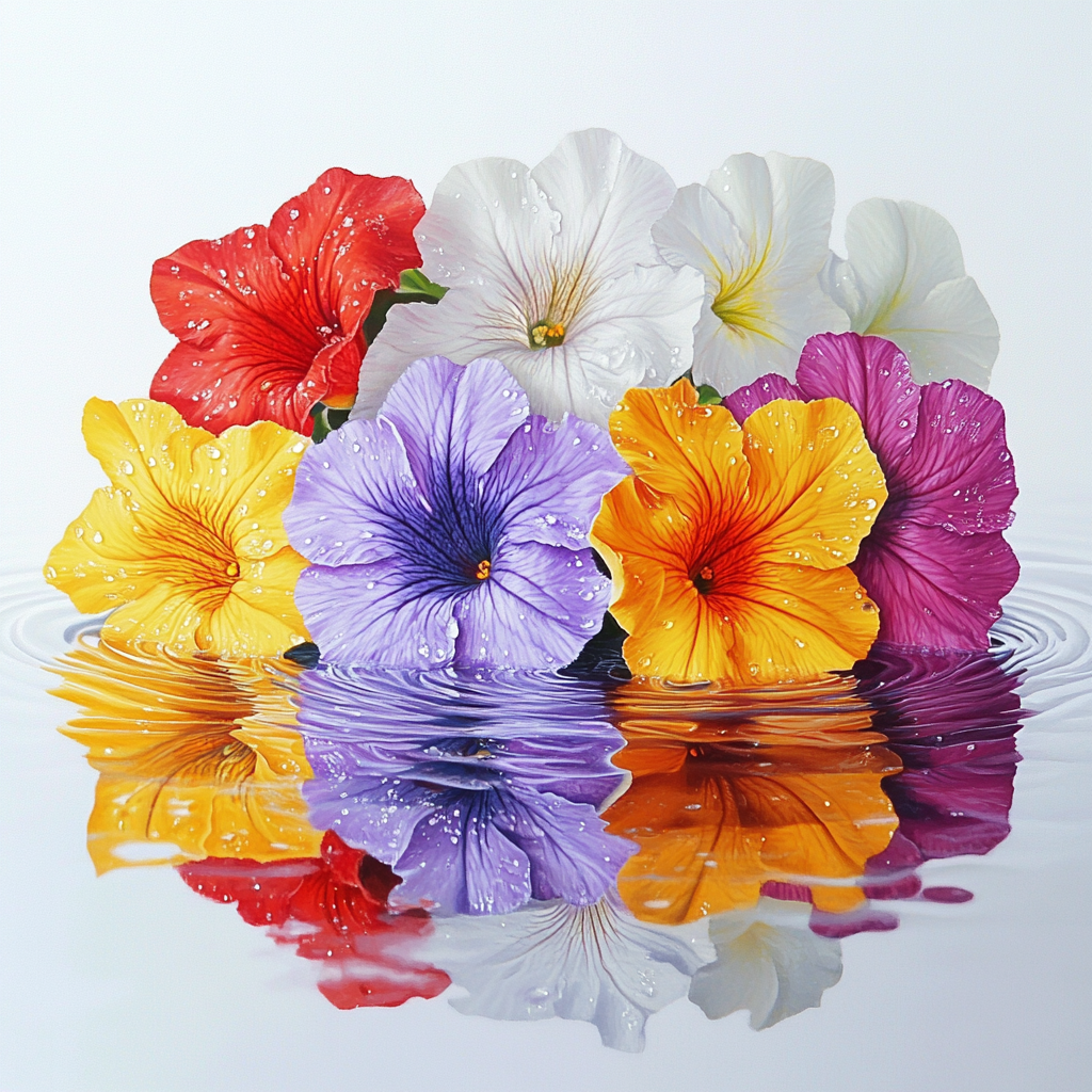 Colorful petunias bouquet on white water surface, realism