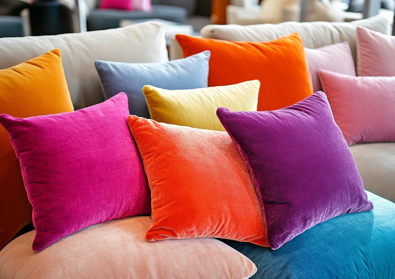 Colorful pillows transform plain couch into luxurious piece