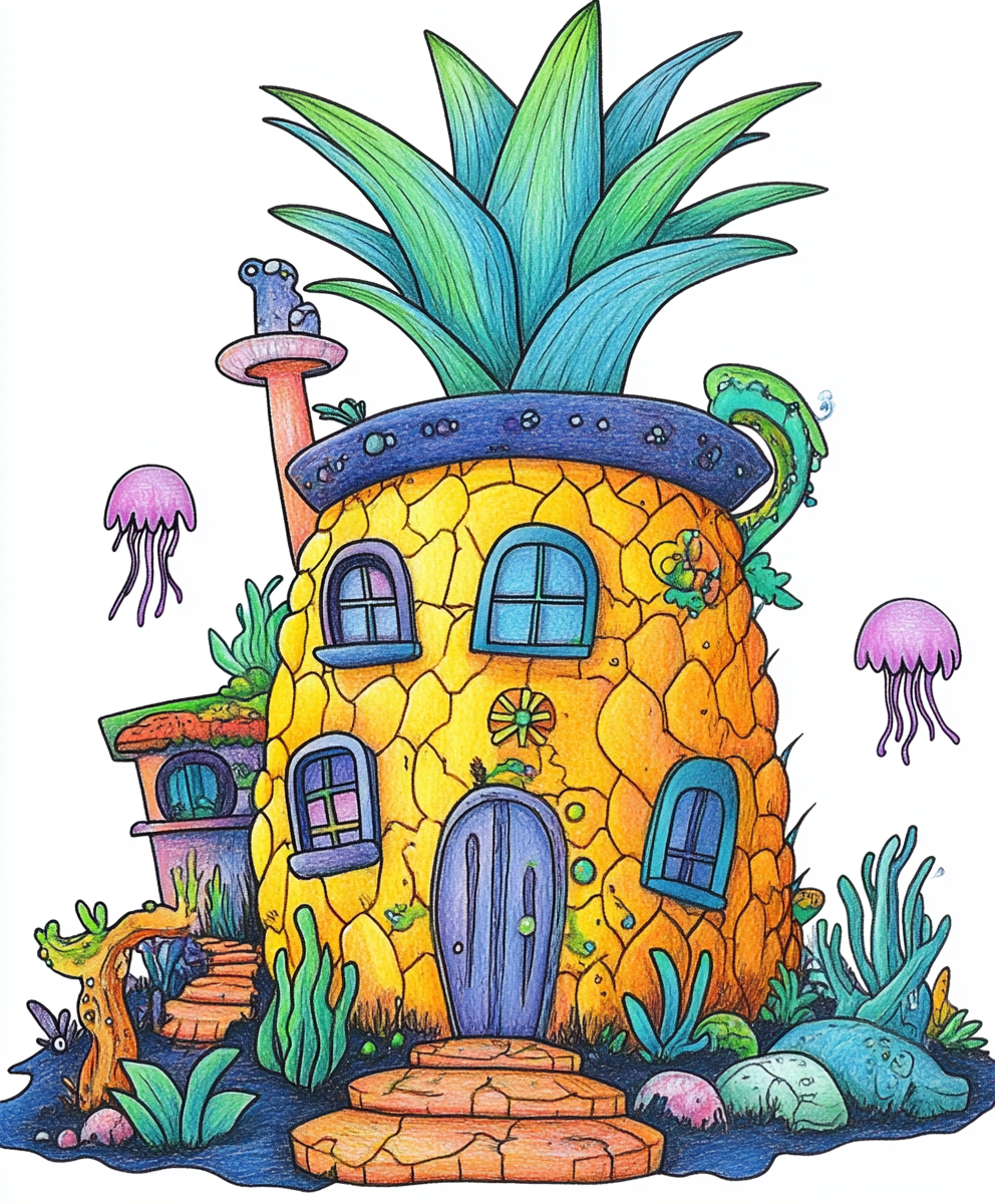 Colorful pineapple house drawing for Spongebob fans on t-shirt.