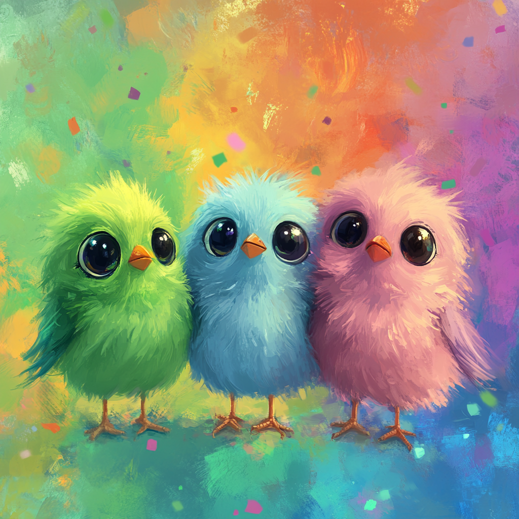 Colorful playful birds in rainbow scene.