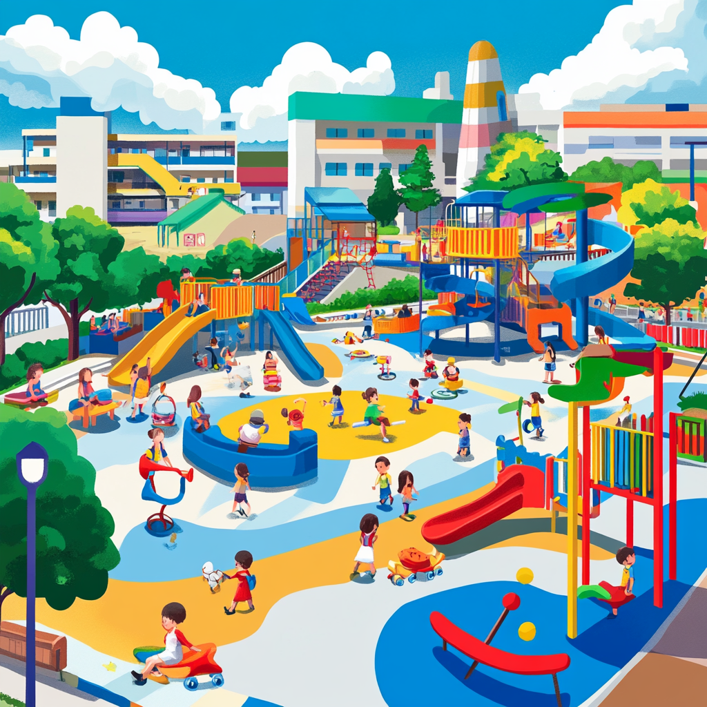 Colorful playground with characters playing sports on sunny days.