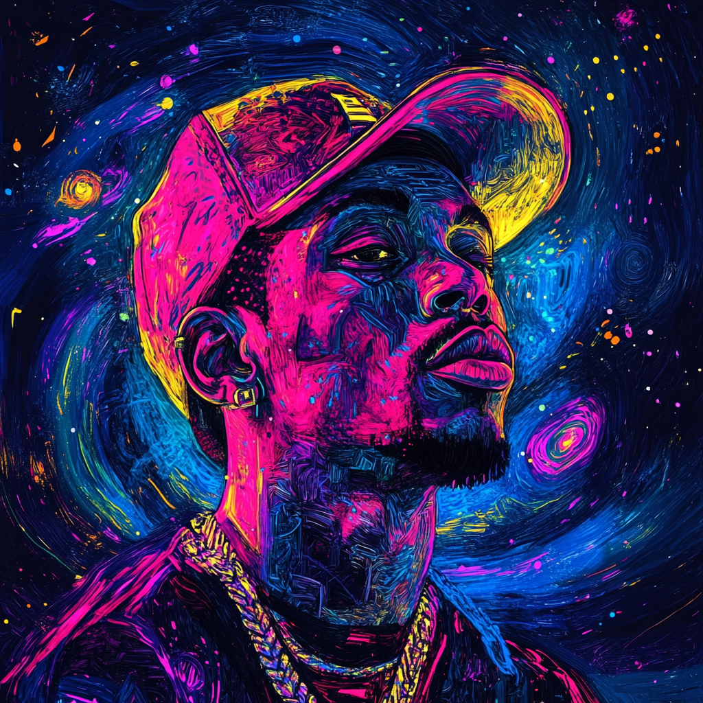 Colorful portrait of rapper with neon graffiti swirls