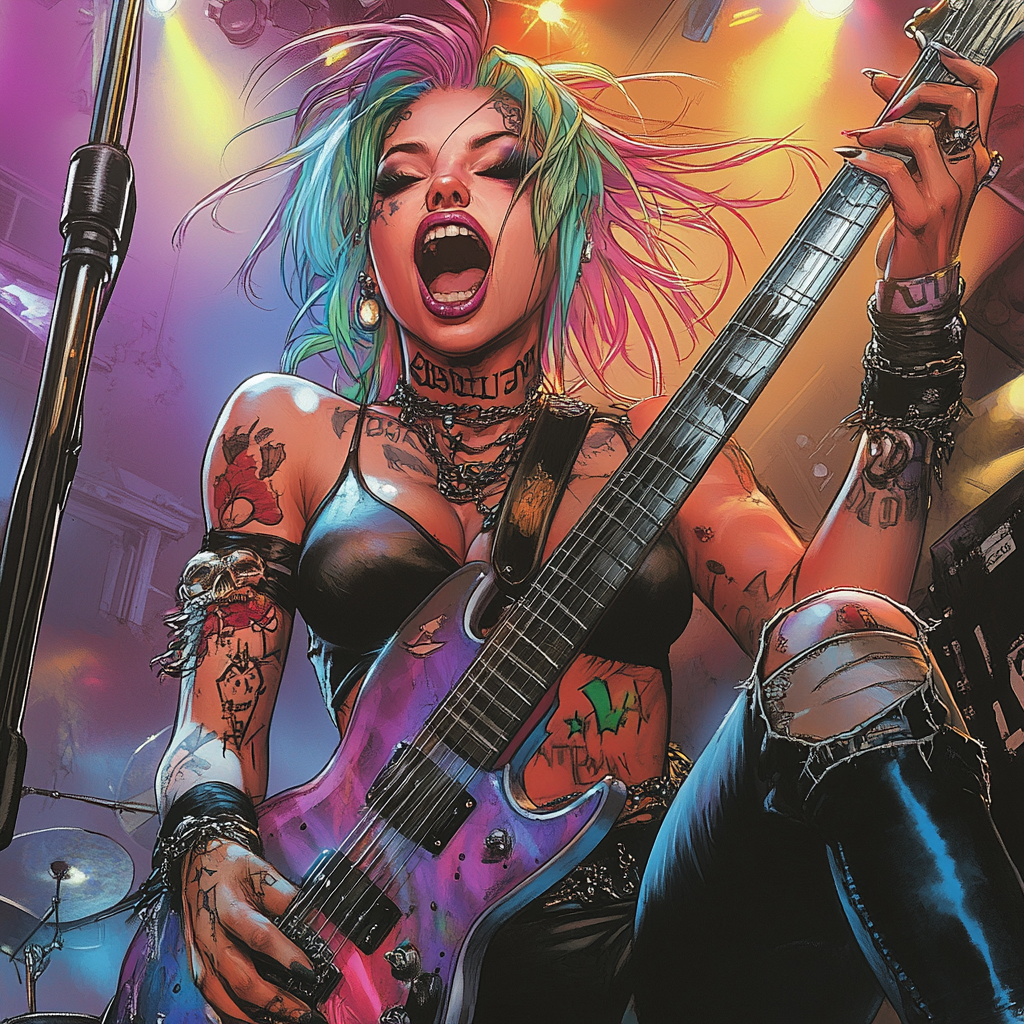 Colorful punk girl with tattoos and piercings playing guitar.