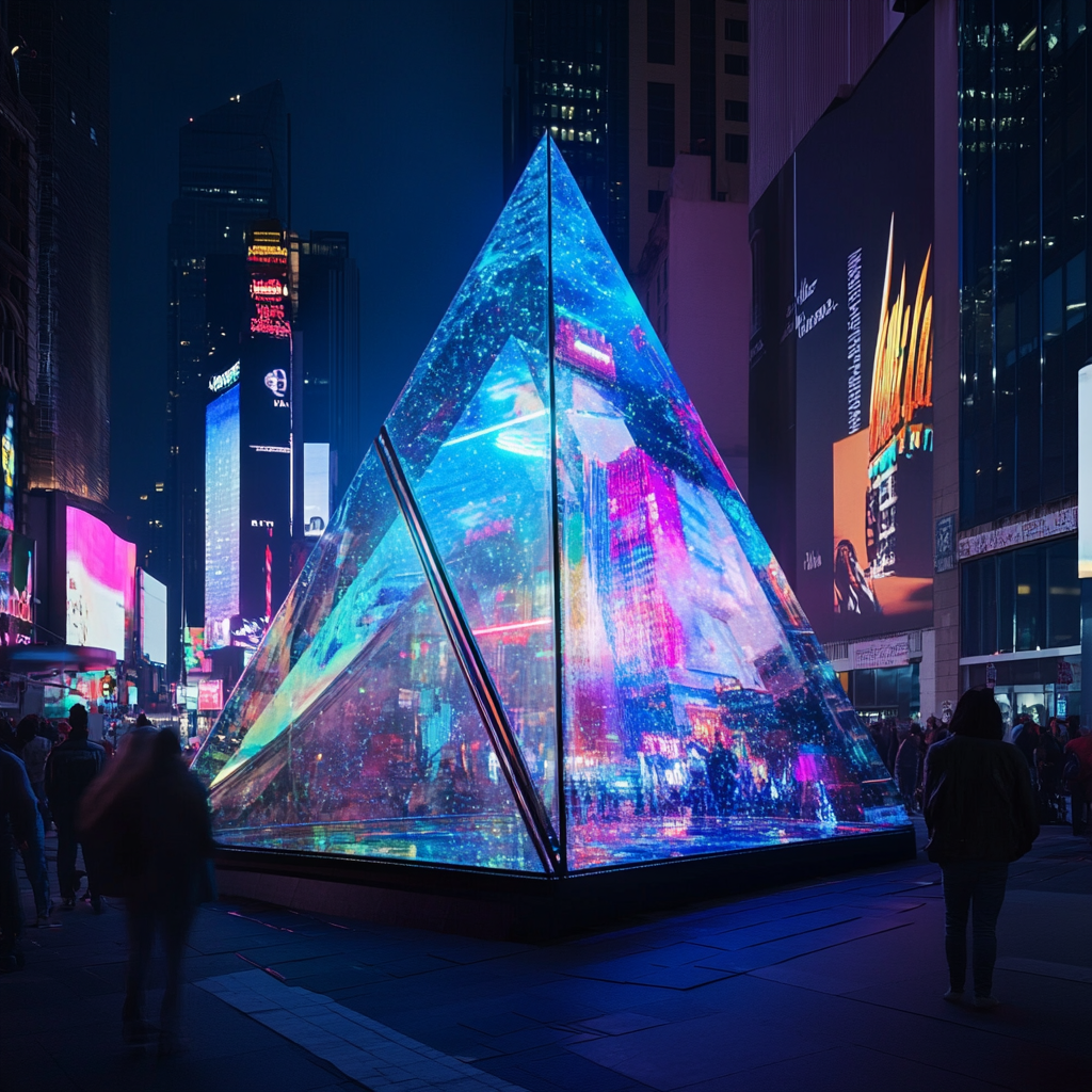 Colorful pyramid prism in Times Square lights up.