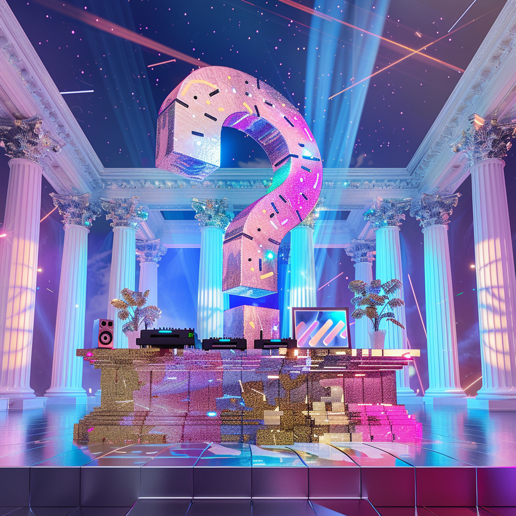 Colorful question mark stage at music festival colosseum 