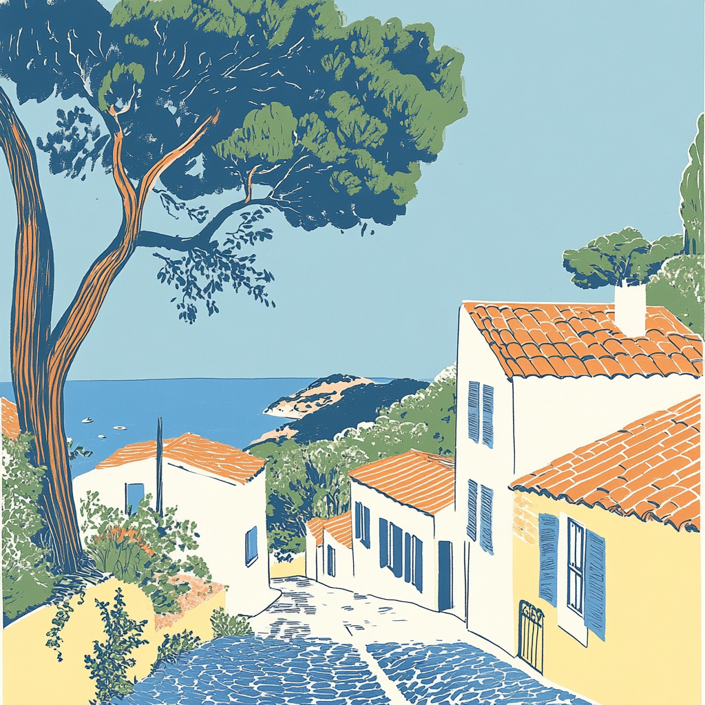 Colorful risograph print of Provencal village and nature.