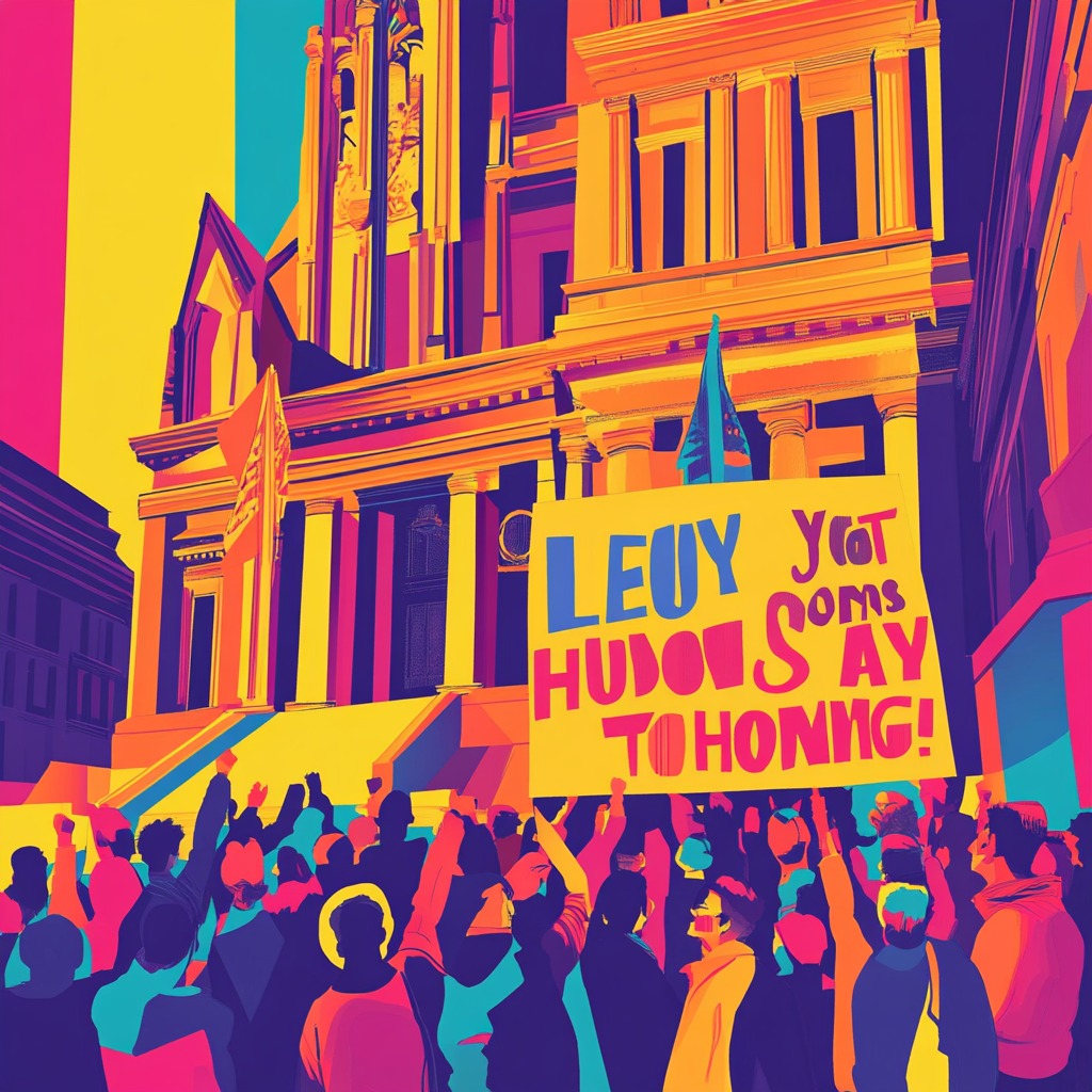 Colorful sign for NYC housing rally.