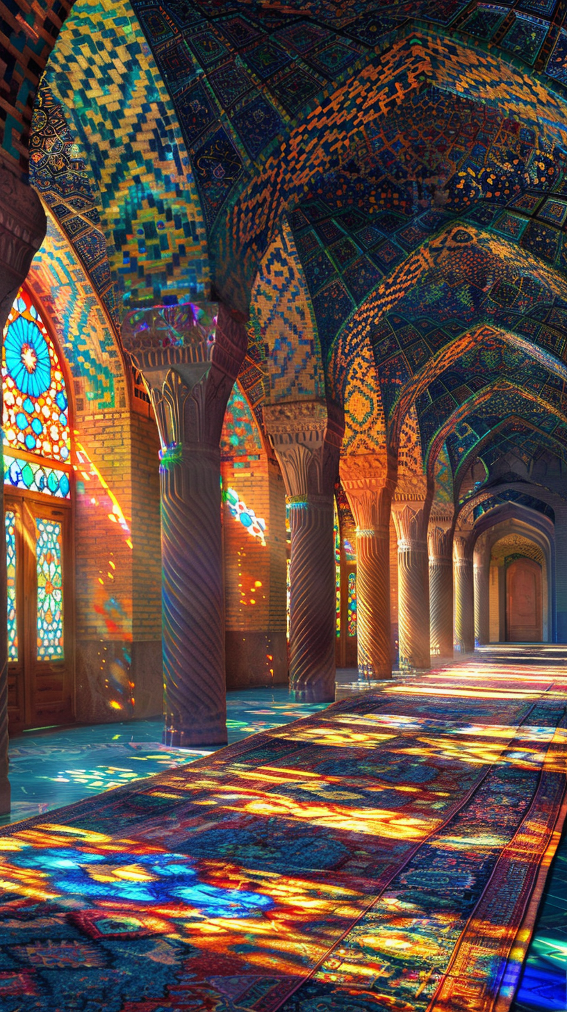 Colorful stained-glass windows and intricate carved columns.