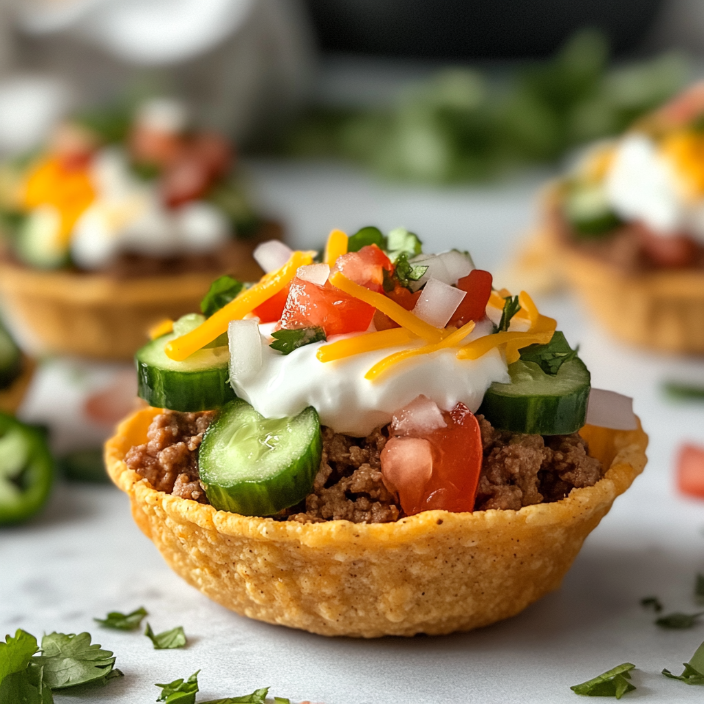 Colorful taco cups with various toppings in focus