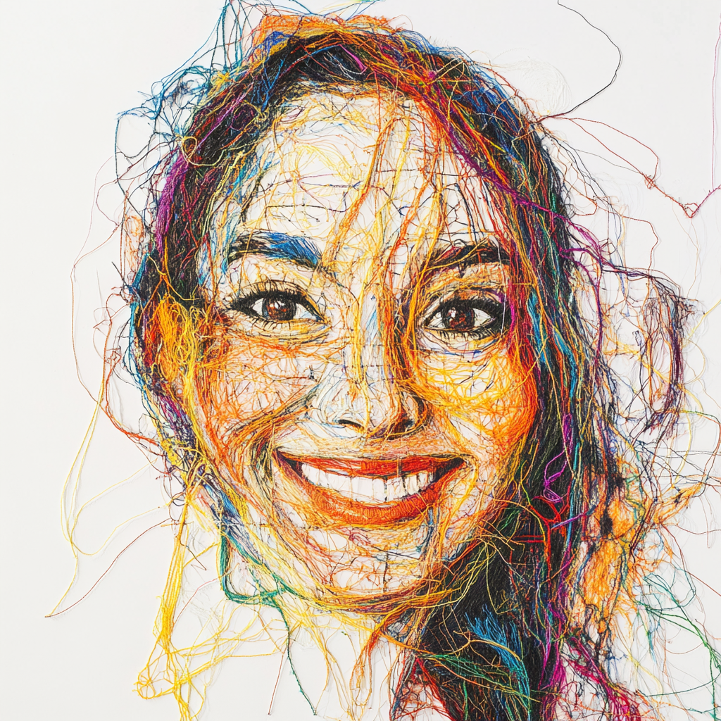 Colorful threads create smiling woman portrait on white background