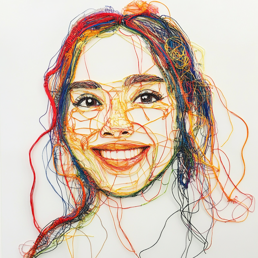 Colorful threads make smiling woman portrait on white