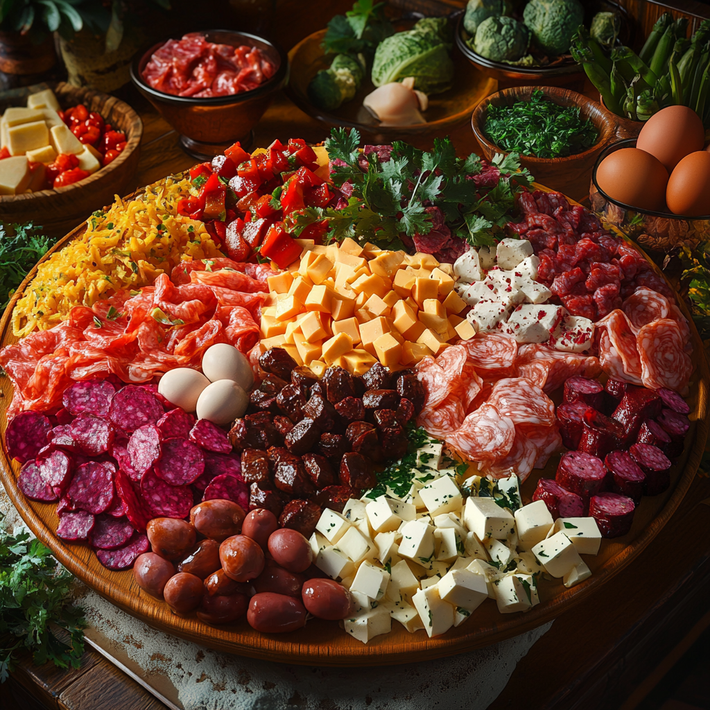 Colorful traditional Guatemalan fiambre on dining table