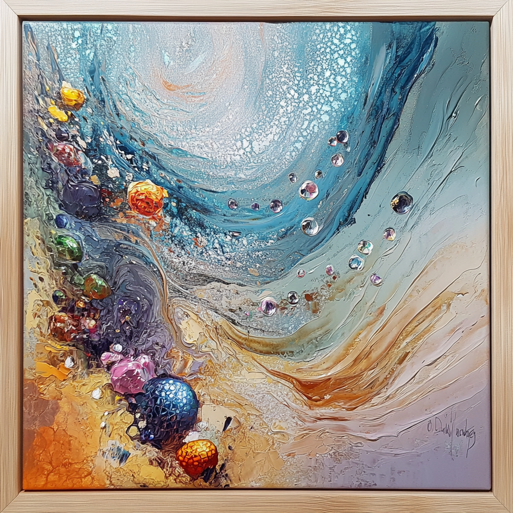 Colorful underwater scene with gemstones in abstract art.