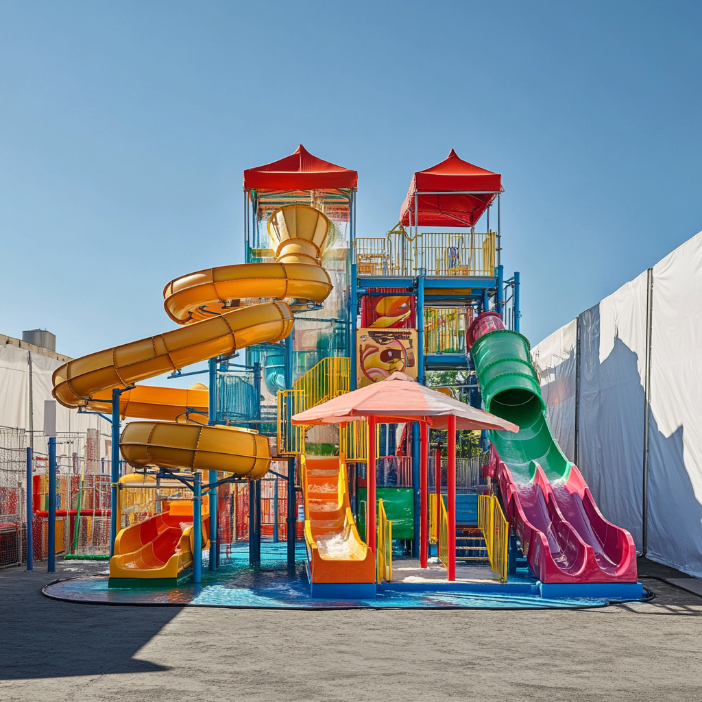 Colorful waterpark and theme park slides in NYC tent