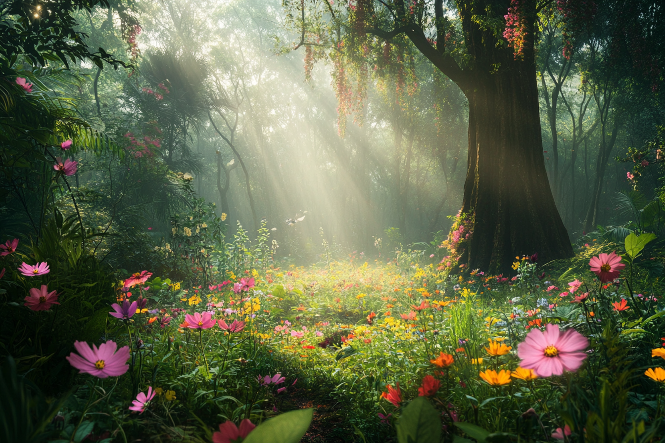 Colorful wildflowers in Asian forest with big trees behind.