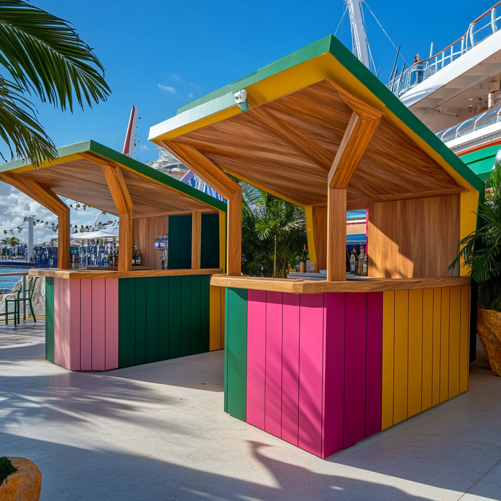 Colorful wooden bars with tents, cruise ship in background