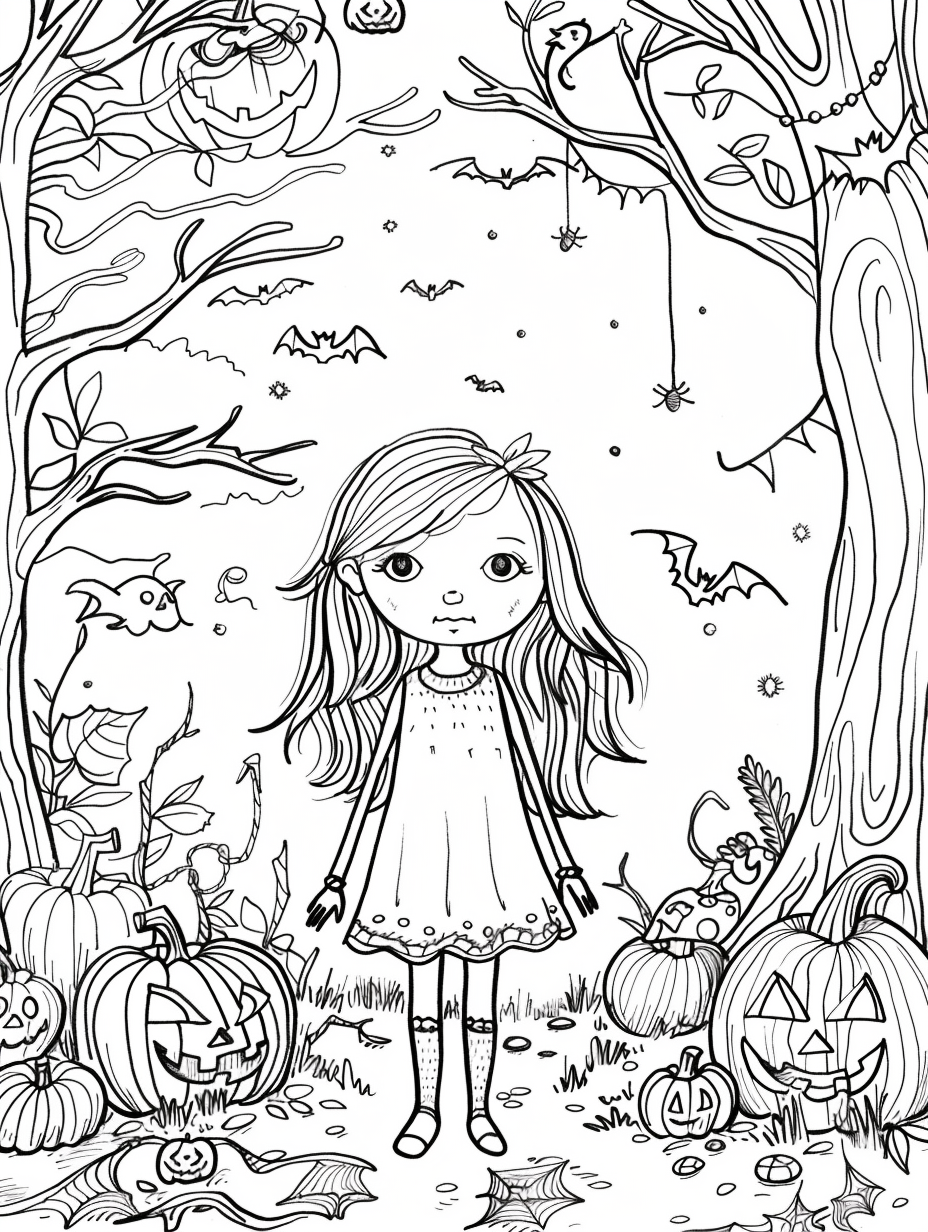 Coloring Book Page: Ten Year Old Girl in Halloween Scene