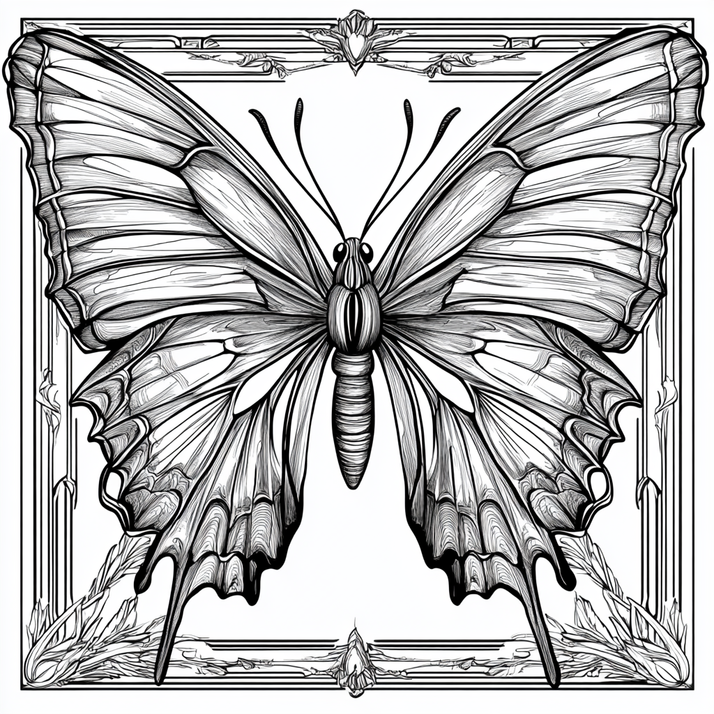 Coloring Book page: Butterfly with layered scales, thick outline.