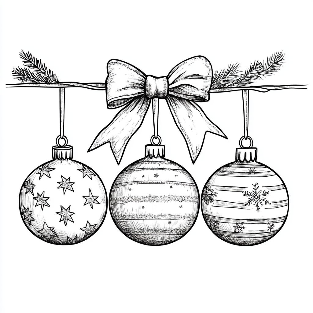 Coloring Three Christmas Baubles on Striped Bow Illustration