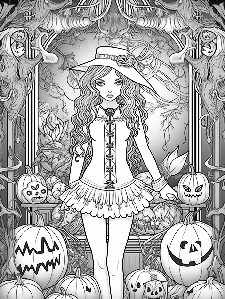 Coloring book page for teens, girl in Halloween scene.