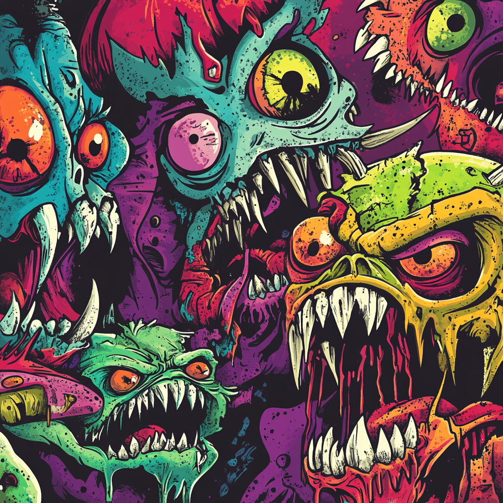 Coloring book page with graffiti-style monsters in vivid colors.