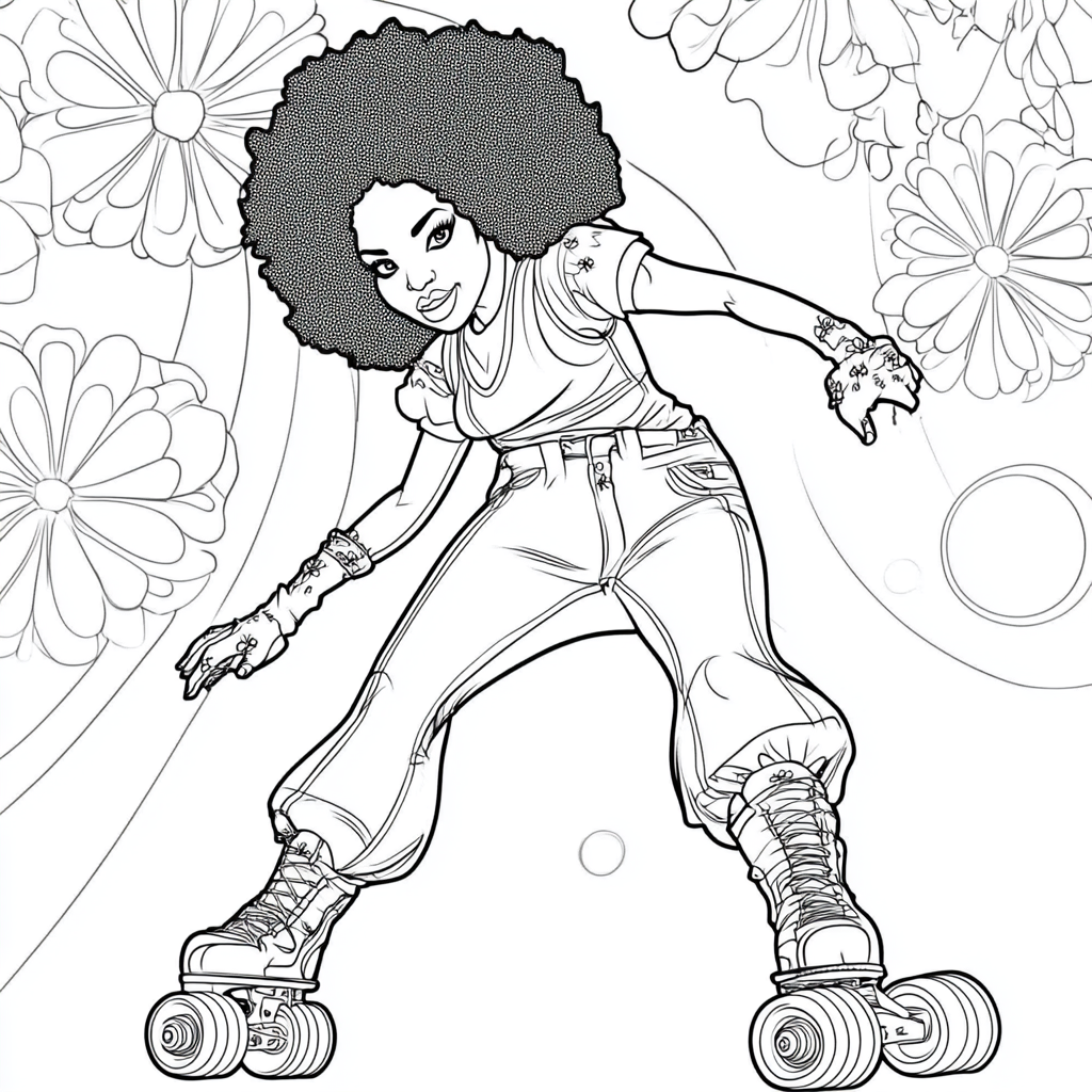 Coloring book with African-American woman roller-skating in 1970s disco.