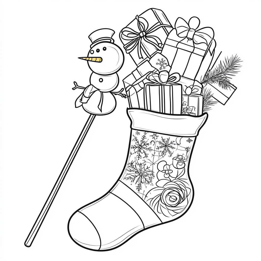 Coloring book with Christmas sock, presents, snowman, lollipop.