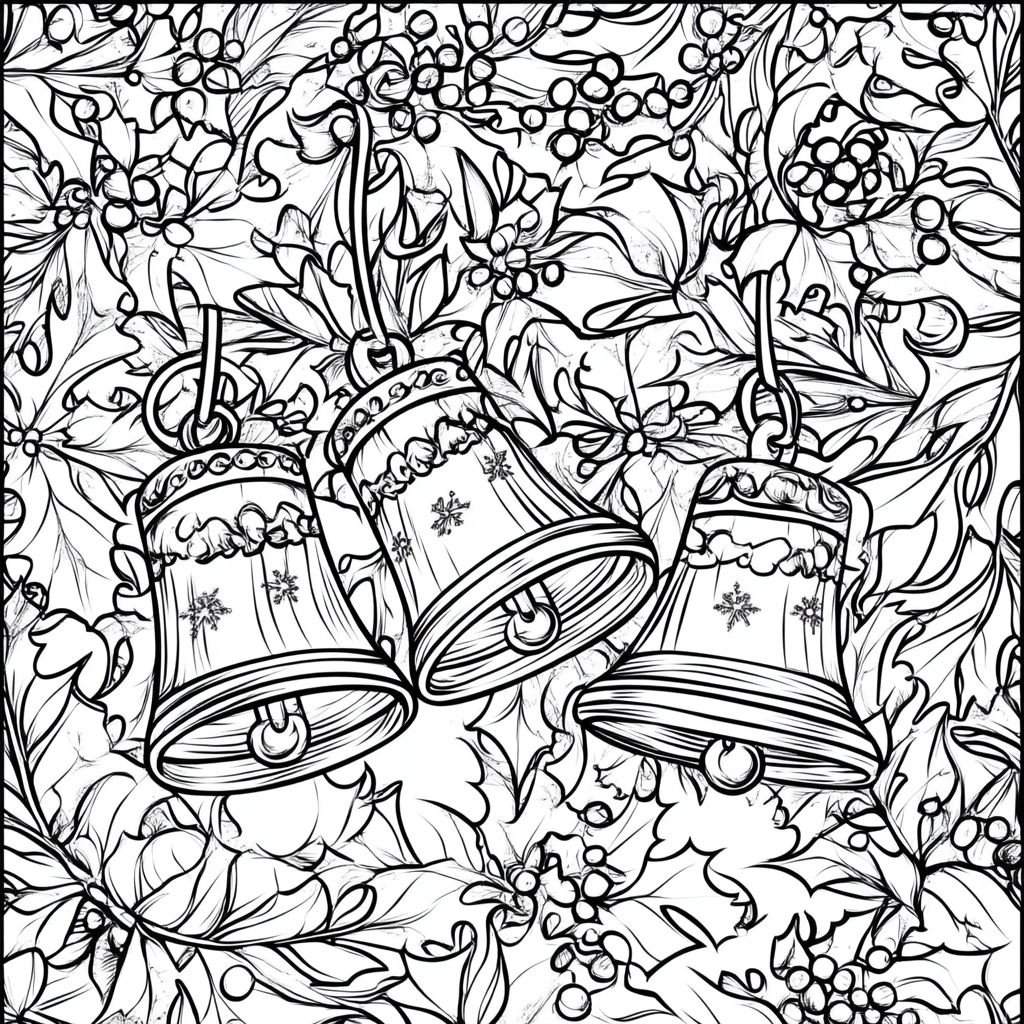 Coloring book: Christmas bell with holly and balls