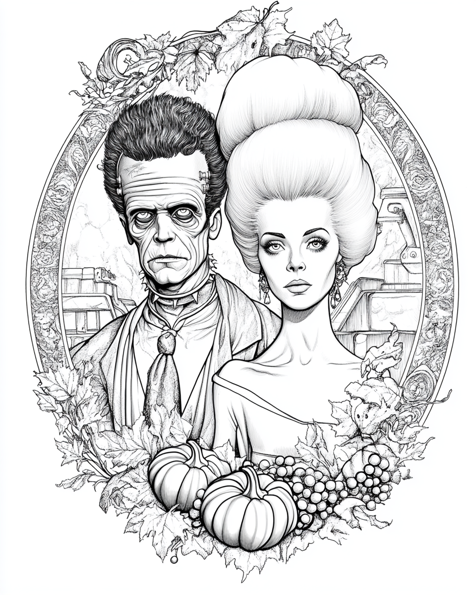 Coloring page design of Frankenstein's creature & Bride in white.