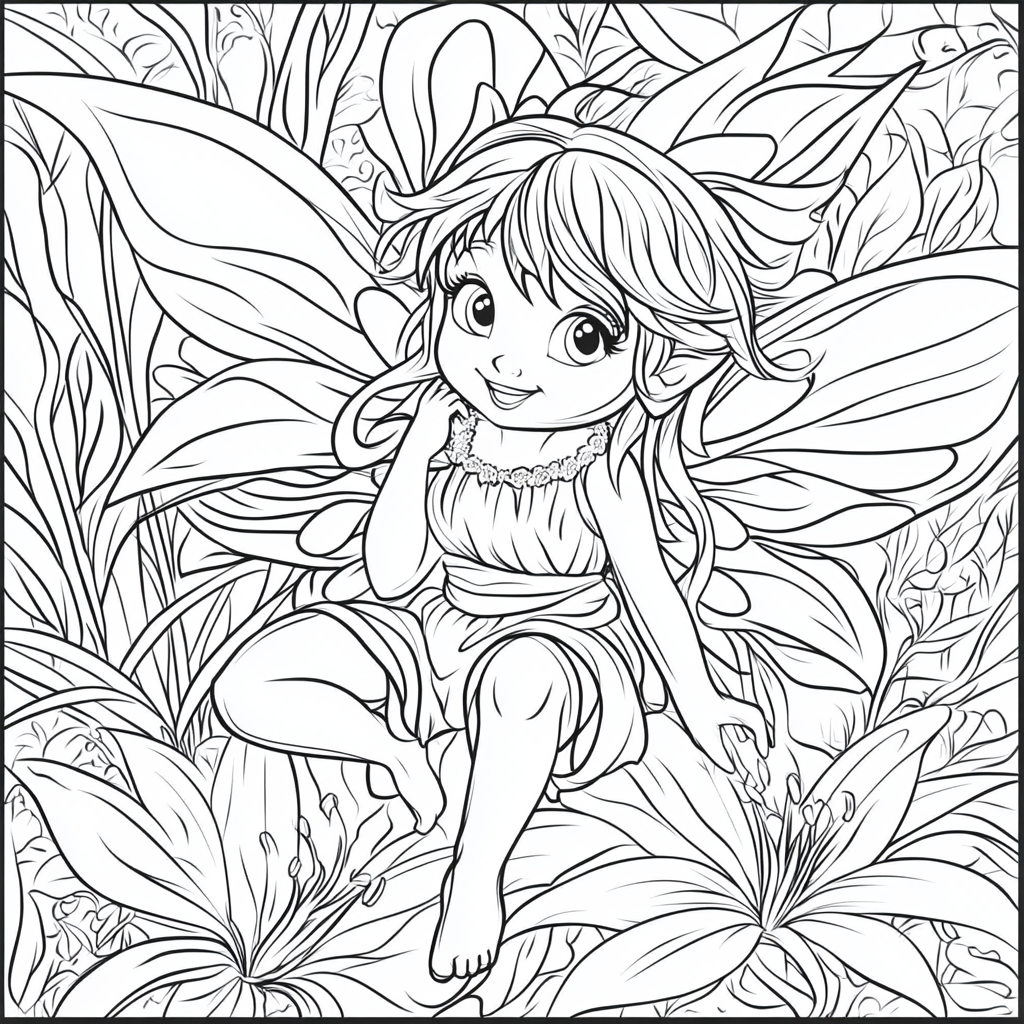 Coloring page for kids fairy Lily flower cartoon.