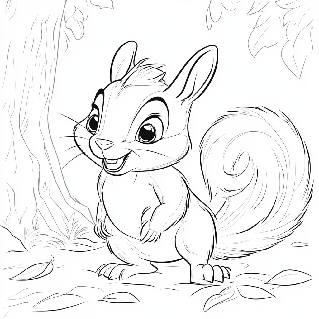 Coloring page for kids featuring cute squirrel cartoon.