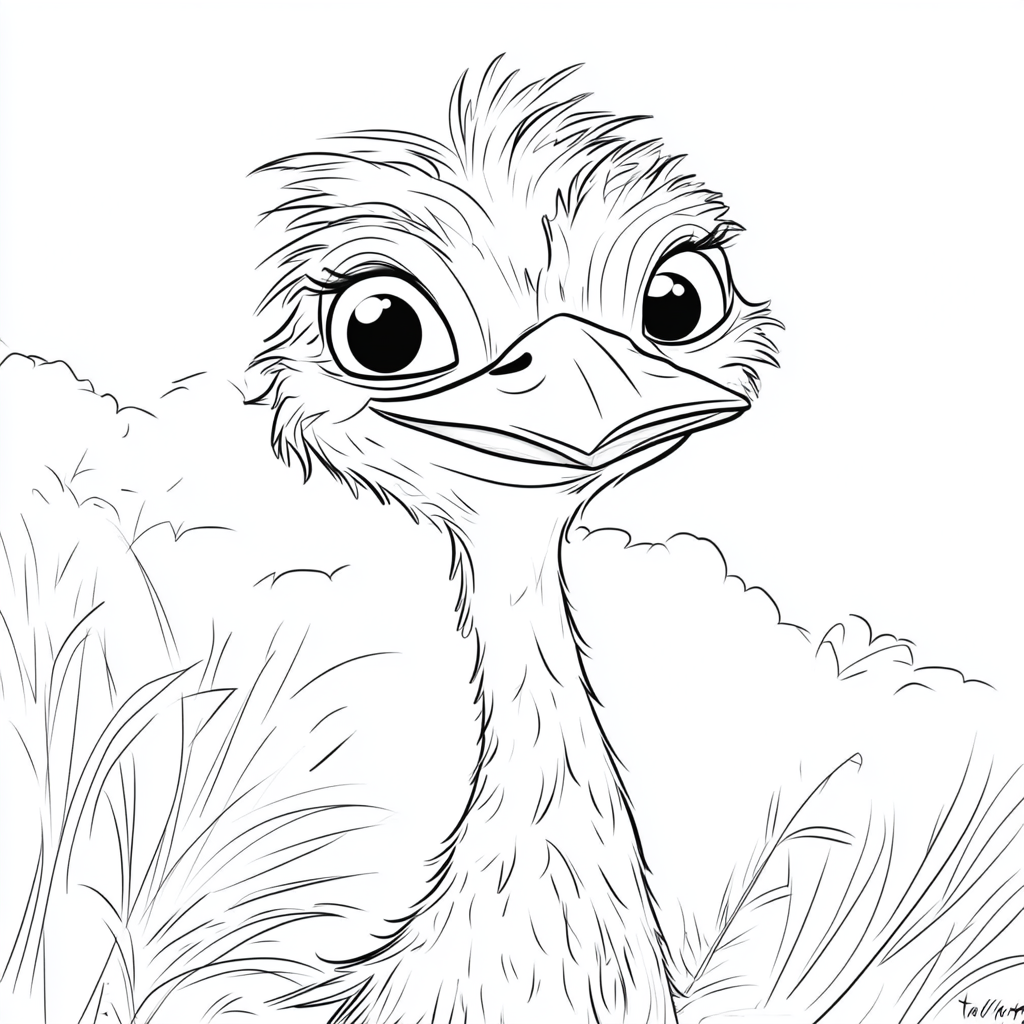 Coloring page for kids with cute ostrich cartoon.