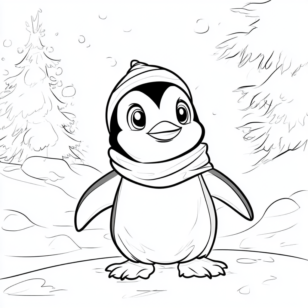 Coloring page for kids with cute penguin cartoon.