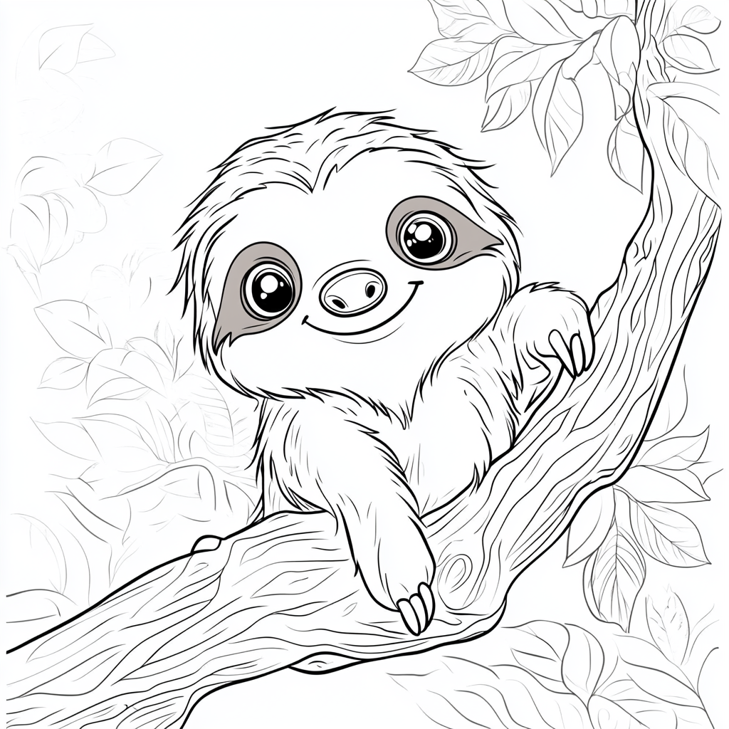 Coloring page for kids with cute sloth cartoon.