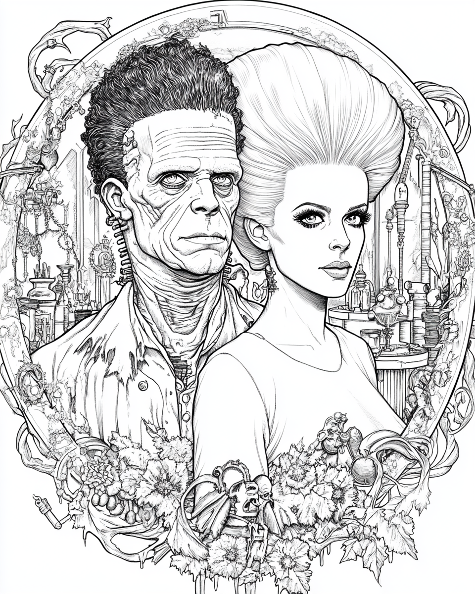 Coloring page image of classic Frankenstein couple in lab.