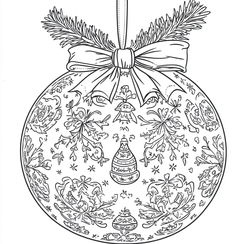 Coloring page of Christmas ball with bow on top.