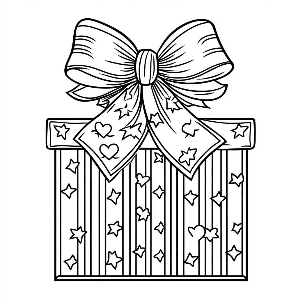 Coloring page of Christmas gift with stripes bow