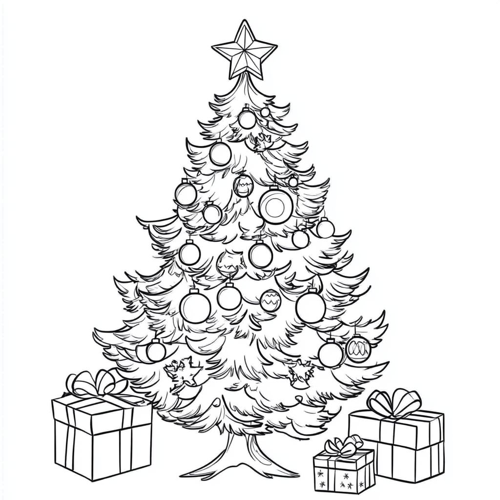 Coloring page of a Christmas tree with presents