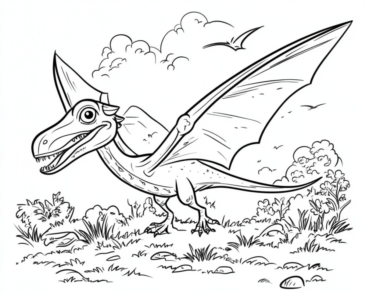 Coloring page of a pterodactyl dinosaur for kids.