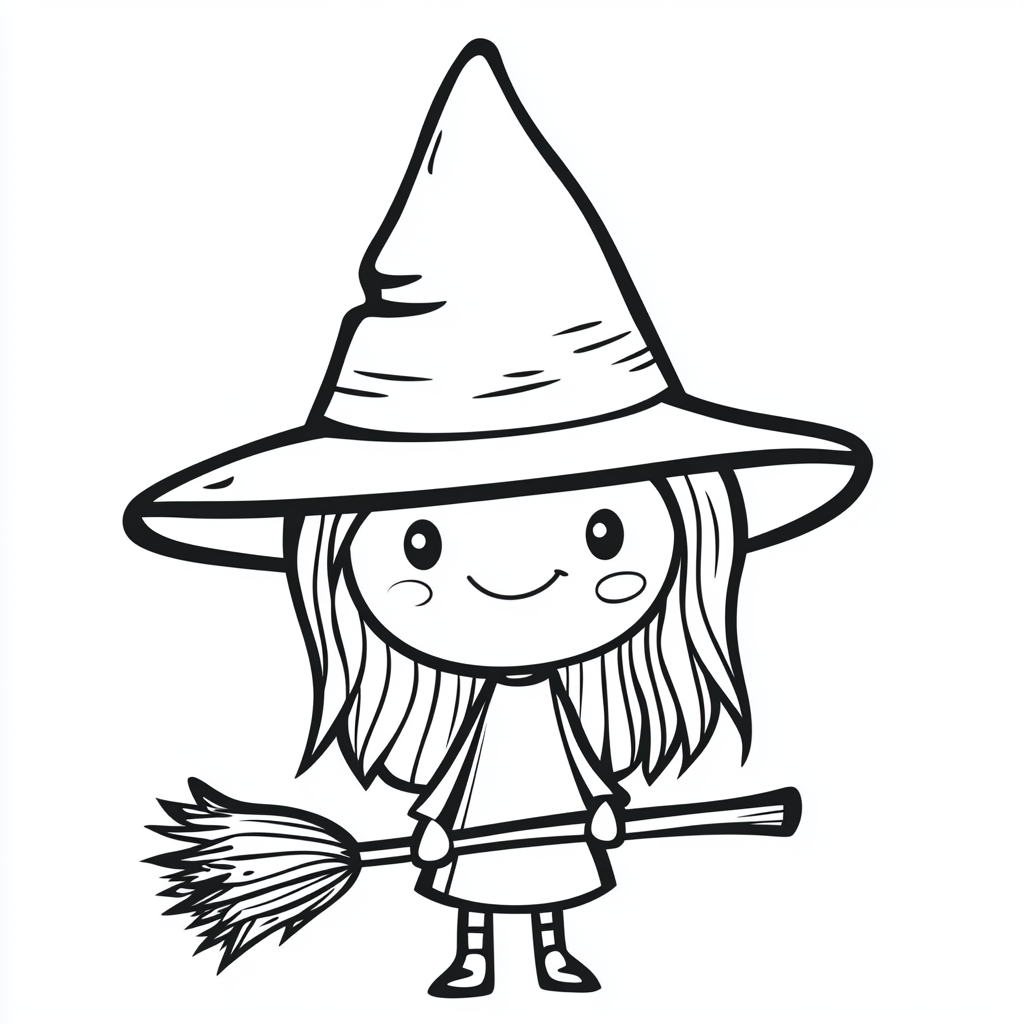 Coloring page of a smiling witch with broomstick.