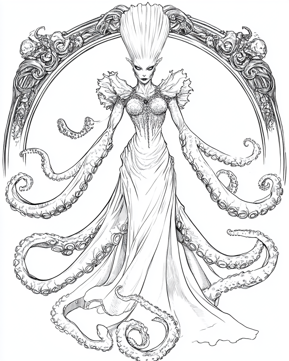 Coloring page of beautiful sea witch half octopus.