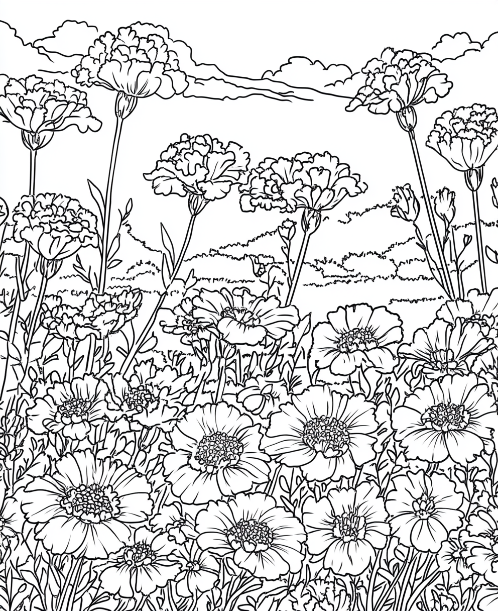 Coloring page of dianthus flowers for adults to relax.