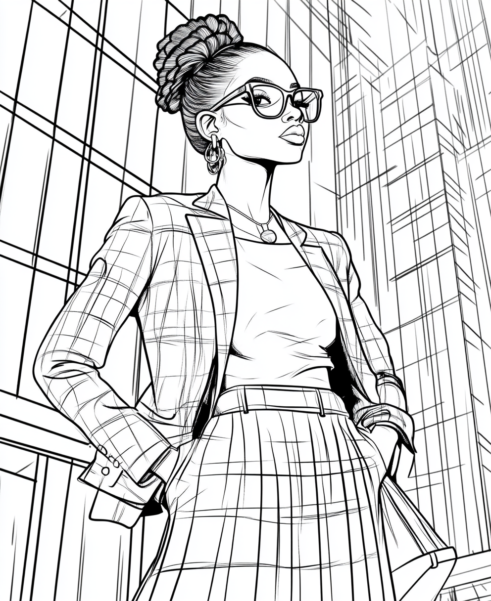 Coloring page of fashionable black woman in business outfit.