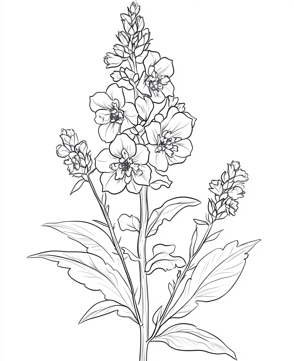 Coloring page of larkspur flower for adult relaxation.