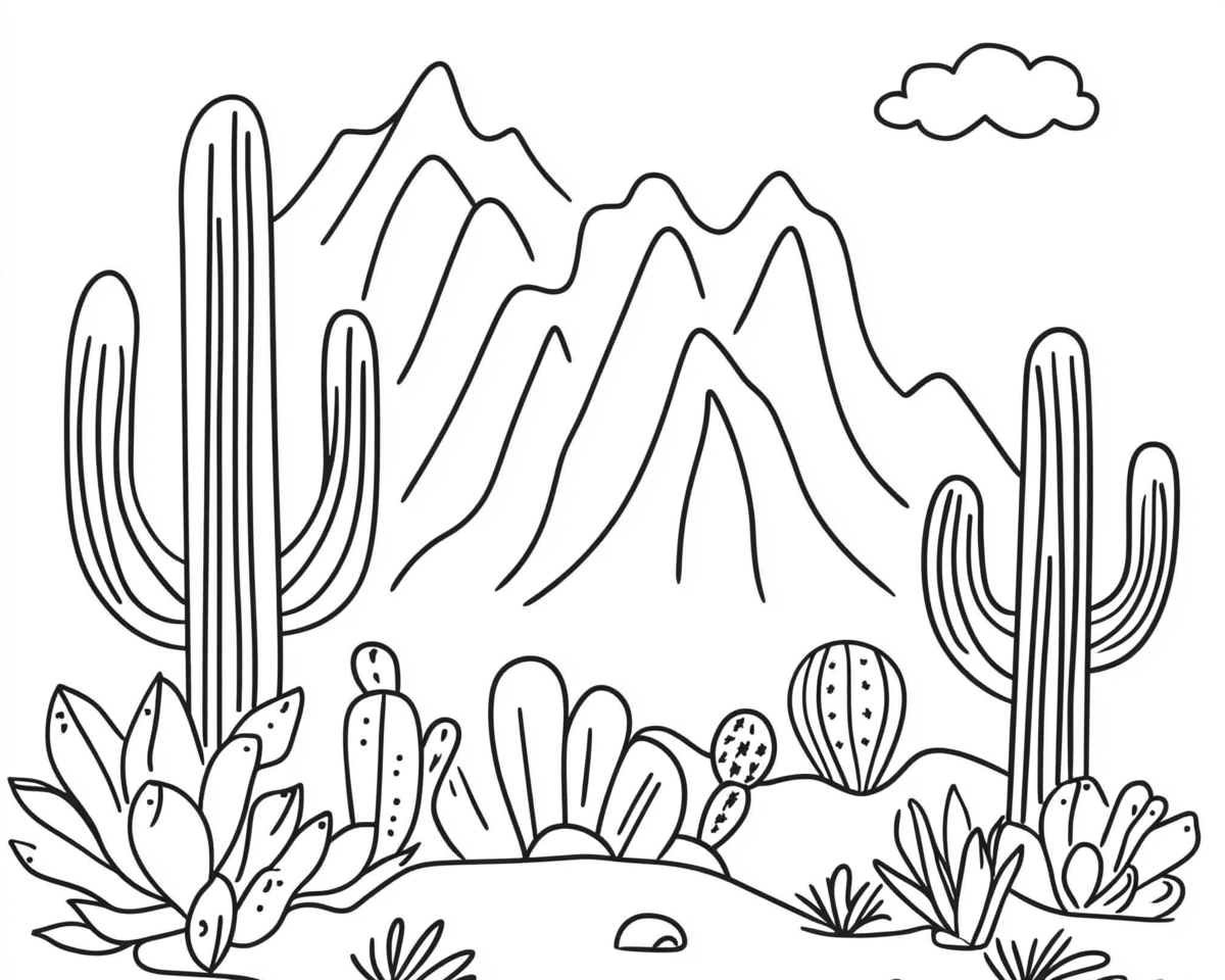 Coloring page of mountains and cactuses for kids