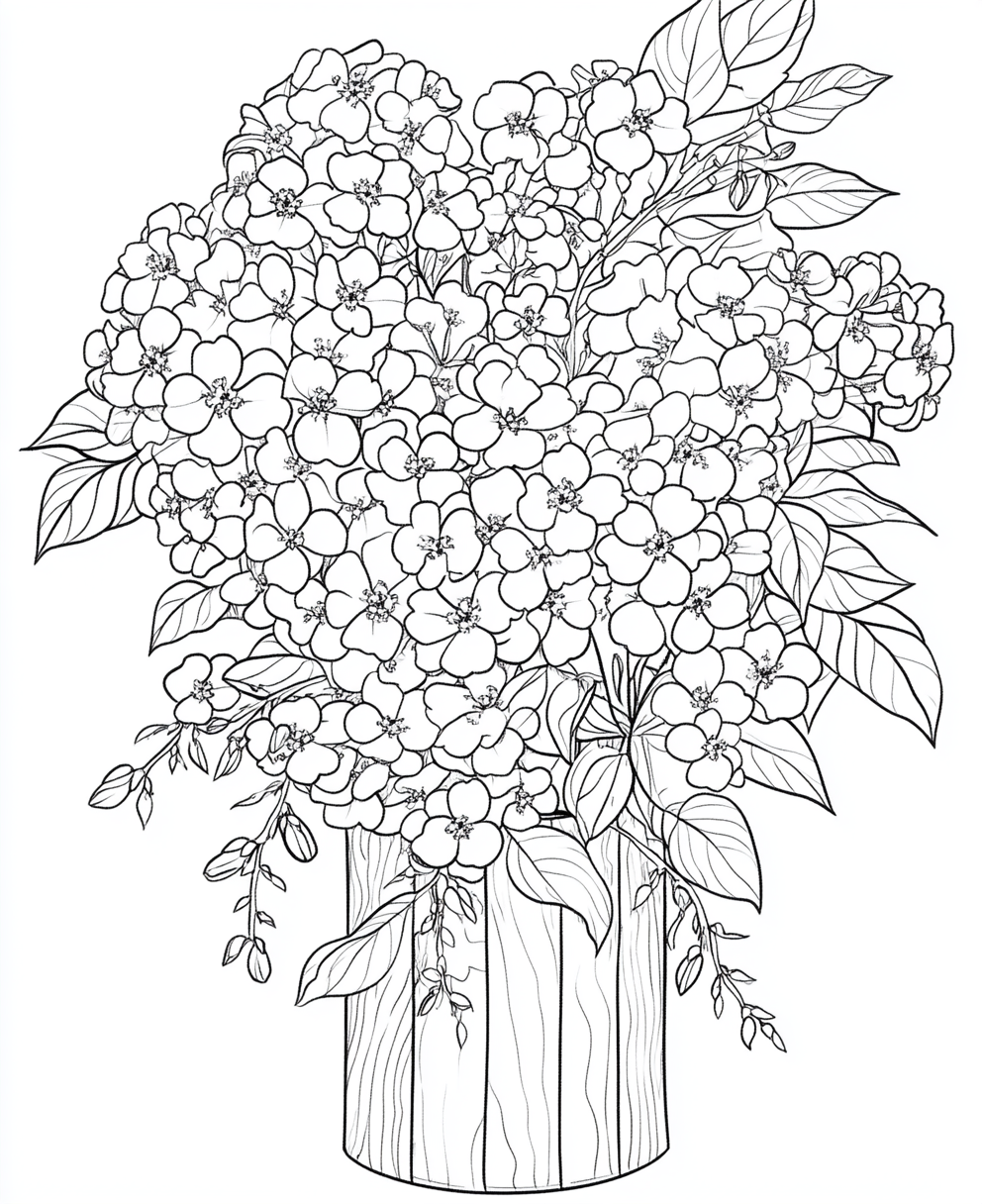 Coloring page of phlox bouquet in wooden vase. Artwork.