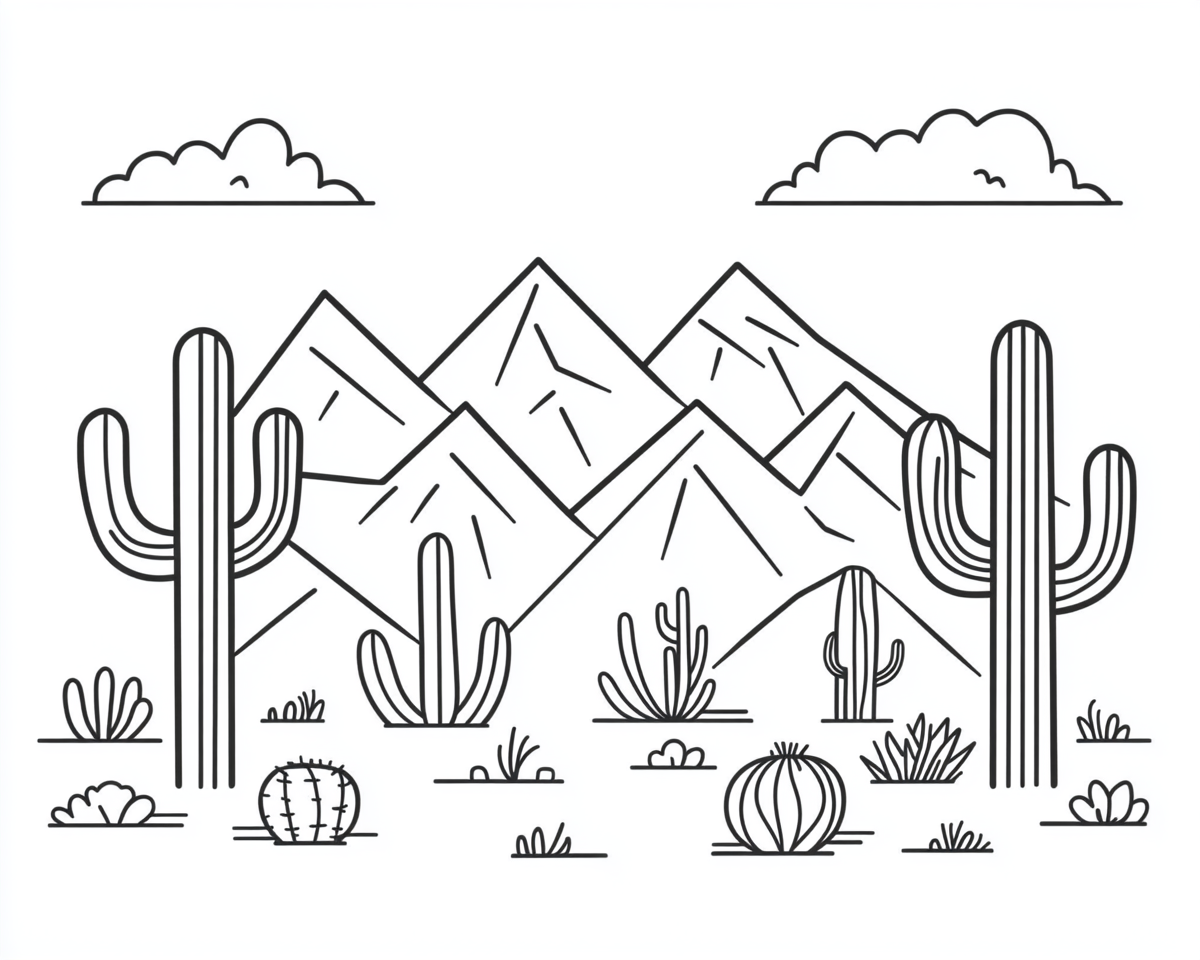 Coloring page of snowy mountains and cactuses